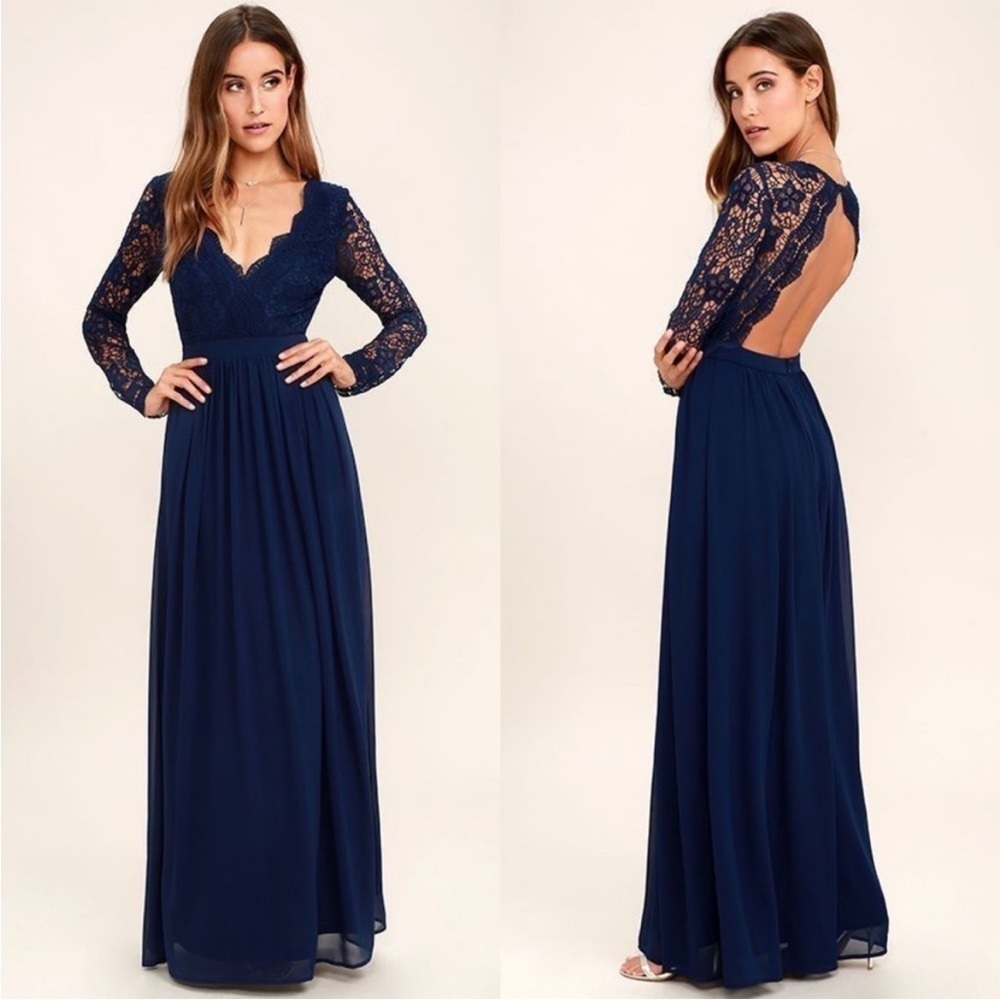 NWT Lulu's Navy Blue Awaken My Love Long Sleeve Lace Maxi Dress- Size M - Picture 4 of 14